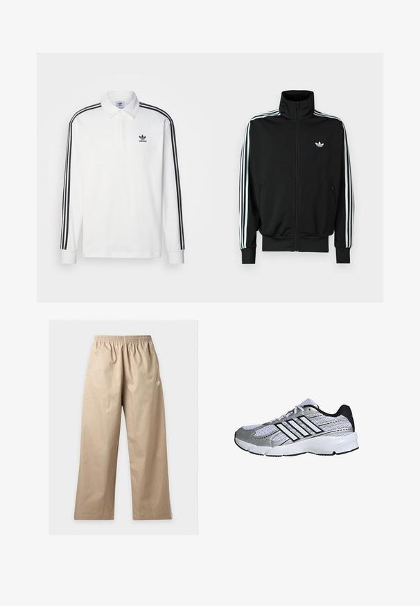Čierna bunda na zips s vysokým golierom, dlhými rukávmi s tromi bielymi pruhmi a malým logom na hrudi. Hladká textúra látky.; Biela polo košeľa s dlhým rukávom so klasickým golierom, čiernymi trojpruhovými akcentmi pozdĺž rukávov a malým čiernym logom na hrudi.; Béžové nohavice širokých nohavíc s elastickým pásom a malým bielym logom Adidas na hornej ľavej stehne, zobrazené na jednofarebnom pozadí.; Mriežkovaná športová obuv v bielej a striebornej farbe, s čiernymi detailmi, logom troch bielych pruhov, polstrovaným golierom a textúrovanou gumovou podrážkou.