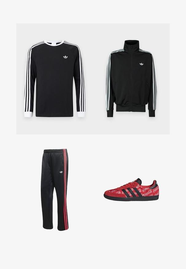 Black zip-up jacket featuring a high collar, long sleeves with three white stripes, and a small logo on the chest. Smooth fabric texture.; Black long-sleeve T-shirt with white three-stripe design on sleeves. Features a crew neckline and a small white logo on the chest.; Black track pants with vertical ribbed texture, featuring red and white side stripes and a small white logo on the left leg.; Red Adidas sneaker with black stripes and sole, featuring white Coca-Cola logos all over the fabric upper.