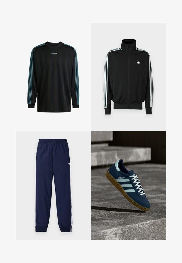 Sort lynlåstrøje med høj krave, lange ærmer med tre hvide striber og et lille logo på brystet. Glat stoftekstur.; Sort langærmet skjorte med ribbet krave, der har tre turkise striber på hver ærme og et Adidas-logo på brystet.; Mørkeblå træningsbukser lavet af letvægtsstof med hvide striber på siderne, elastisk taljebånd og lille logo.; Blå Adidas Spezial sneaker med hvide striber og snørebånd, gummisål, svævende over en ru betongoverflade og trin i baggrunden.