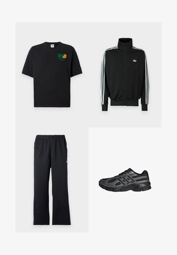 Chaqueta negra con cremallera, cuello alto, mangas largas con tres rayas blancas y un pequeño logo en el pecho. Textura de tela suave.; Camiseta de algodón negra con mangas cortas. Presenta un gráfico verde y amarillo de "Worldwide Hoops" en la parte frontal. Corte holgado, cuello redondeado.; Pantalones deportivos negros de tejido elástico, con cinturilla elástica y acentos laterales. Diseño de pierna recta con sutil detalle de logo.; Zapatillas deportivas negras hechas de malla y materiales sintéticos, que presentan una superficie texturizada, múltiples rayas grises y un collar acolchado.
