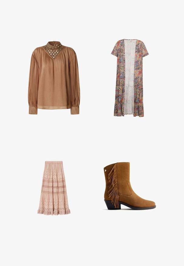 Kimono largo y abierto por delante, con mangas cortas, que presenta un colorido patrón de paisley en rojo, azul y amarillo sobre un fondo claro.; Blusa marrón de manga larga con cuello alto, que presenta un cuerpo texturizado y un escote adornado con patrones circulares y de diamante.; Falda midi rosa claro con cintura elástica, bordado floral con ojales, plisados horizontales y dobladillo con volantes.; Botín de ante marrón con detalle de flecos en los laterales, puntera redondeada y tacón bajo tipo bloque. Presenta una textura suave y un diseño limpio y sencillo.