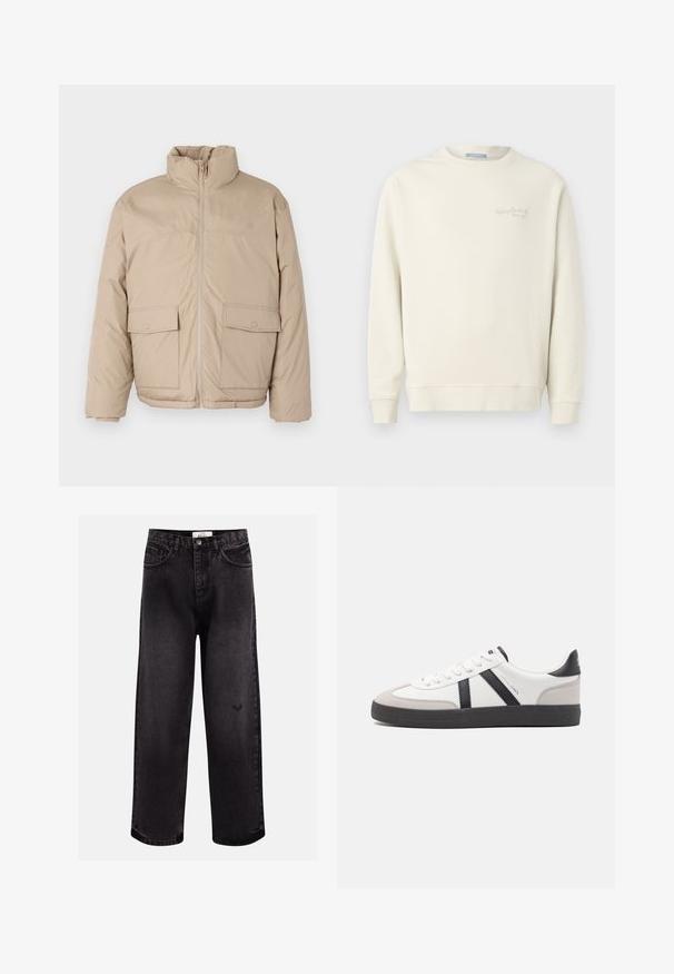 Beige polstret jakke med høj krave, frontlynlås og to store klaplommer. Glat tekstur og en let oversized design.; Replay LOGO CREW NECK - Sweatshirt - natural rope; Sorte denim jeans med bred benpasform, der har fem lommer, en syet talje og en diskret logodetalje nær knæet.; Hvide sneakers med sorte og grå detaljer, med en tekstureret grå tåhætte, sort gummisål og flade hvide snørebånd. Rent design, minimalistisk stil.