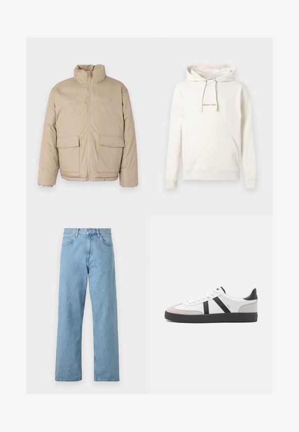 Beige gewatteerde jas met een hoge kraag, doorlopende rits en twee grote klepzakken. Soepele textuur en een licht oversized ontwerp.; Beige hoodie gemaakt van katoen, met een kangoeroezak, een capuchon met trekkoord en geborduurde "Originals" tekst op de borst.; Lichtblauwe denim jeans met een rechte pasvorm, vijf zakken, knoop- en ritssluiting, en een iets vervaagde afwerking.; Witte sneaker met zwarte en grijze accenten, voorzien van een grijze neus met textuur, zwarte rubberen zool en platte witte veters. Schoon ontwerp, minimalistische stijl.