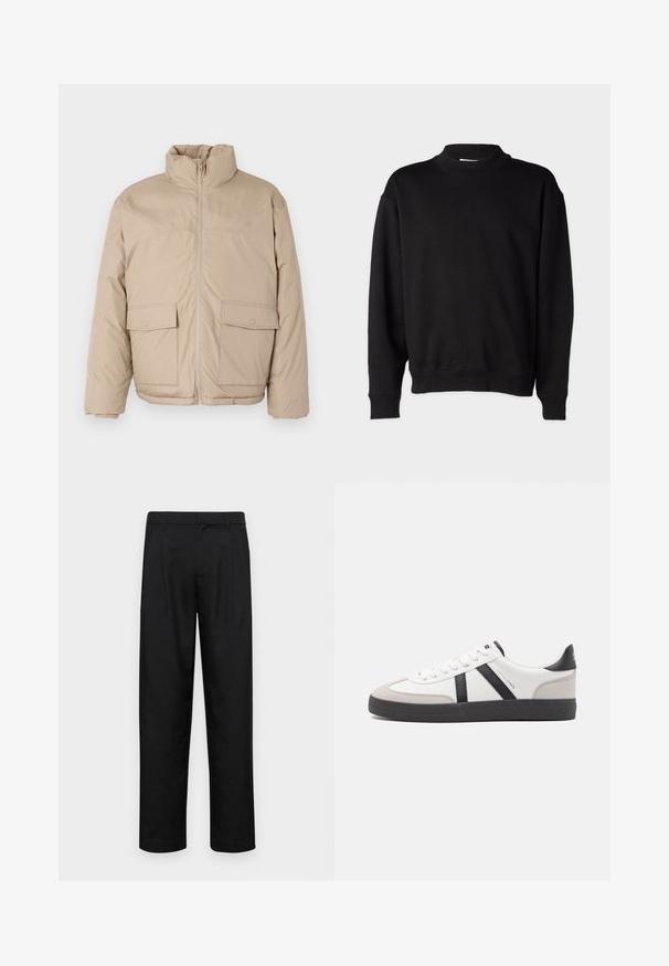 Beige padded jacket featuring a high collar, front zipper, and two large flap pockets. Smooth texture and slightly oversized design.; Black sweatshirt with a high, ribbed collar, long sleeves, and a relaxed fit. Soft texture with ribbed cuffs and hem.; Black trousers made of smooth fabric, featuring a straight-leg design, two front pleats, and standard waistband with belt loops.; White sneaker with black and gray accents, featuring a textured gray toe cap, black rubber sole, and flat white laces. Clean design, minimalist style.