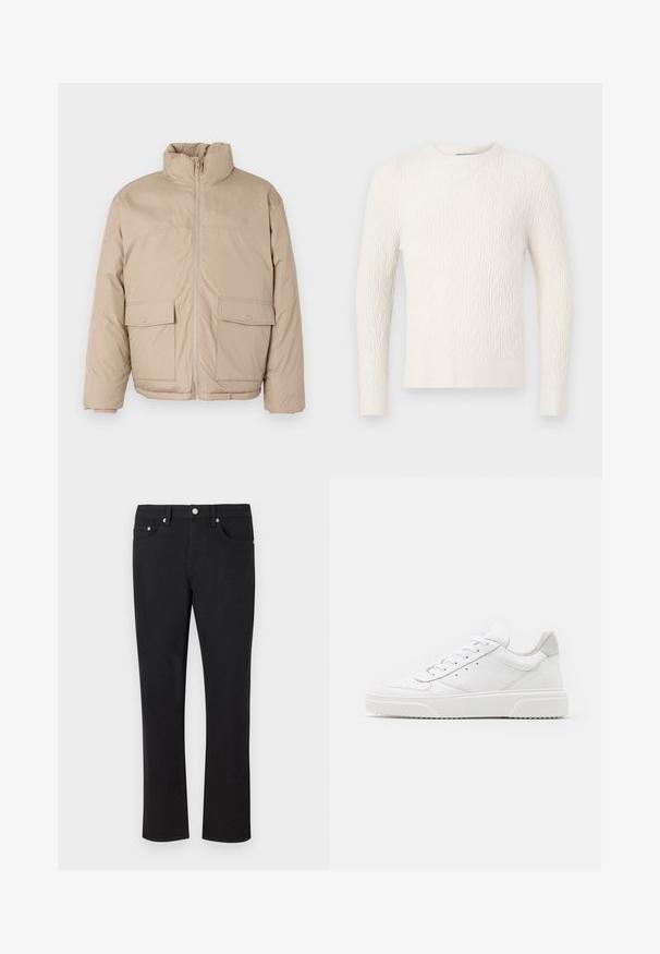 Beige gepolsterte Jacke mit hohem Kragen, Frontreißverschluss und zwei großen Klappen-Taschen. Glatte Textur und leicht oversized Design.; Cremiger Kabelstrickpullover mit langen Ärmeln, Rundhalsausschnitt und geripptem Saum. Verfügt über ein strukturiertes Muster im gesamten Stoff.; Schwarze Jeans aus Denim mit geradem Bein-Design, ausgestattet mit fünf Taschen und silbernem Zubehör sowie einer glatten Textur. Keine Muster oder Akzente.; Weiße Leder-Sneaker mit glatter Oberfläche, rundem Zehenbereich, flachen Schnürsenkeln und strukturiertem Schuhsohlen. Graues Wildleder-Detail an der Ferse.