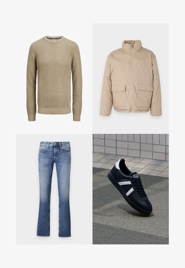 Beige polstret jakke med høj krave, frontlynlås og to store klaplommer. Glat tekstur og en let oversized design.; Beige langærmet strikket sweater med tekstureret vaffelmønster, rund halsudskæring samt ribstrikkede manchetter og kant.; Lyseblå denimjeans med en udvidet ben-design, der har fem lommer, en knaplukning foran og diskret falmning overalt.; Sort lædersneaker med hvide striber, tekstureret gummisål og snørrebånd foran. Har et brandet mærke på tungen.