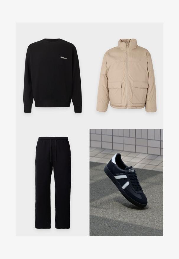 Beige gewatteerde jas met een hoge kraag, doorlopende rits en twee grote klepzakken. Soepele textuur en een licht oversized ontwerp.; Replay Inc. Sweater - black; Zwarte sweatpants van katoen, met een elastische tailleband en trekkoorden, rechte pijpdesign en zonder zichtbare patronen of accenten.; Zwarte leren sneaker met witte strepen, een gestructureerde rubberen zool en vetersluiting aan de voorkant. Voorzien van een merklabel op de tong.