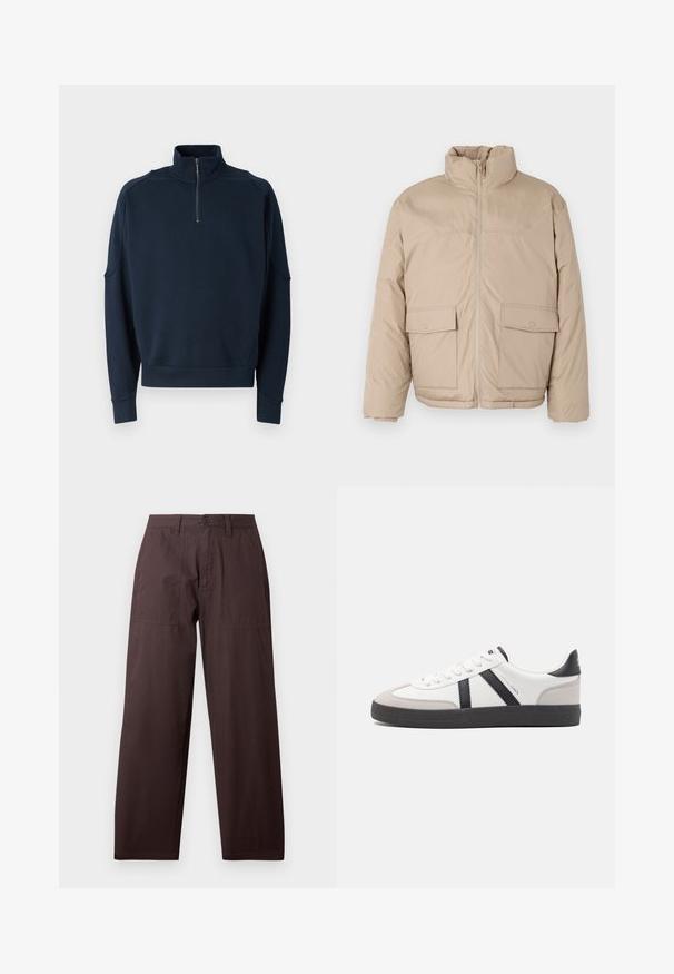 Beige gepolsterte Jacke mit hohem Kragen, Frontreißverschluss und zwei großen Klappen-Taschen. Glatte Textur und leicht oversized Design.; Navy Zip-up Sweatshirt mit hohem Kragen, Rippbündchen und weicher Textur. Dezente Markenkennzeichnung auf der Brust. Klassisches, lässiges Design.; Wrangler WORK PANT - Stoffhose - mole; Weiße Sneaker mit schwarz- und grau-aczenten, ausgestattet mit einer strukturierten grauen Zehenkappe, schwarzer Gummi-Sohle und flachen weißen Schnürsenkeln. Sauberes Design, minimalistische Stil.