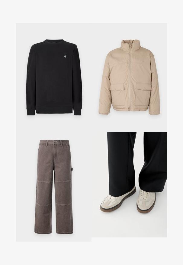 Beige gepolsterte Jacke mit hohem Kragen, Frontreißverschluss und zwei großen Klappen-Taschen. Glatte Textur und leicht oversized Design.; Schwarzer Langarm-Crewneck-Sweatshirt mit kleinem weißen runden Logo auf der linken Brust, gerippten Bündchen und Saum.; Weite Hosen in einem verblassten Braunton, aus strapazierfähigem Stoff mit kontrastierenden Nähten. Mit Paneeldetails und einer Seitentasche.; Füße mit beigen Sneakers mit braunen Sohlen und schwarzen Hosen mit weitem Bein auf weißem Hintergrund.