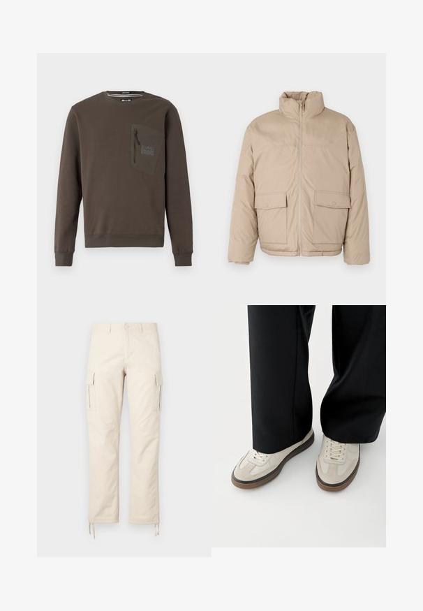 Beige gepolsterte Jacke mit hohem Kragen, Frontreißverschluss und zwei großen Klappen-Taschen. Glatte Textur und leicht oversized Design.; Brauner Sweatshirt mit rundem Hals, langen Ärmeln und einer Reißverschluss-Brusttasche. Verfügt über ein strukturiertes Patch sowie Rippabschlüsse an Saum und Ärmeln.; Beige Cargo-Hosen aus Baumwollmischgewebe. Zu den Merkmalen gehören zwei Seitentaschen, ein gerades Bein Design und verstellbare Kordeln an den Säumen.; Füße mit beigen Sneakers mit braunen Sohlen und schwarzen Hosen mit weitem Bein auf weißem Hintergrund.
