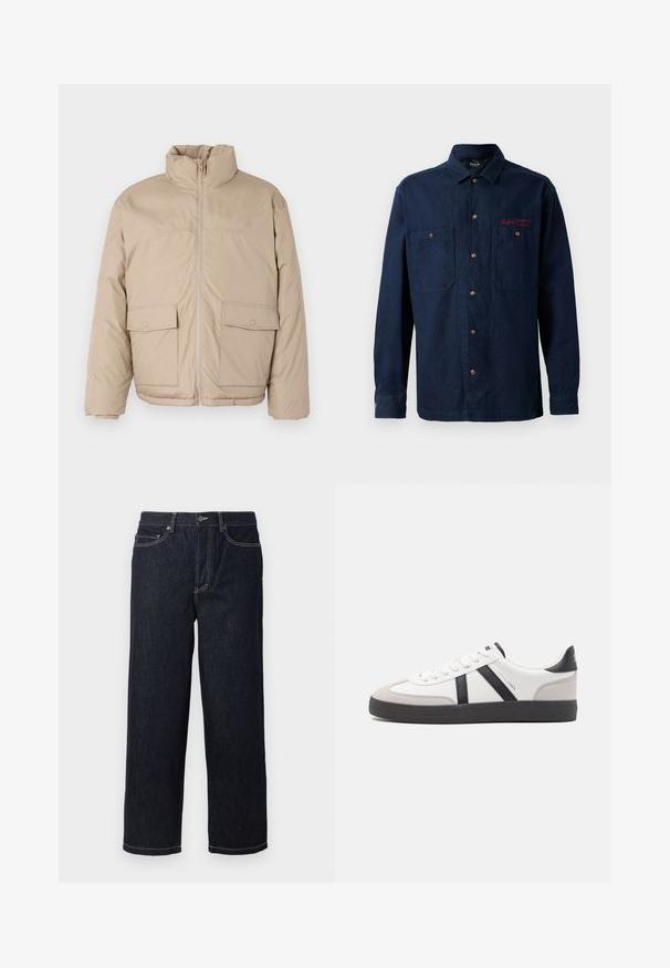 Veste matelassée beige avec un col haut, fermeture éclair à l'avant et deux grandes poches à rabat. Texture lisse et design légèrement surdimensionné.; Chemise bleu marine à boutons avec deux poches poitrine et logo rouge brodé. Design minimaliste sur fond uni.; Jean en denim droit bleu marine avec cinq poches et surpiqûres blanches contrastantes, fermeture à bouton et passants de ceinture.; Baskets blanches avec des accents noirs et gris, présentant un embout texturé gris, une semelle en caoutchouc noir et des lacets plats blancs. Design épuré, style minimaliste.