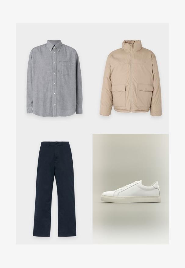 Beige gewatteerde jas met een hoge kraag, doorlopende rits en twee grote klepzakken. Soepele textuur en een licht oversized ontwerp.; Zwart-wit geblokte lange mouw blouse met kraag, enkele borstzak en ronde zoom. Van katoen, met een gladde textuur.; Marineblauwe katoenen broek met een recht design, voorzien van een sluiting met drukknop aan de voorkant en riemlussen. Eenvoudige, effen textuur zonder patronen.; Witte lage sneaker met veters aan de voorkant en dikke zool, zijaanzicht tegen een neutrale achtergrond.