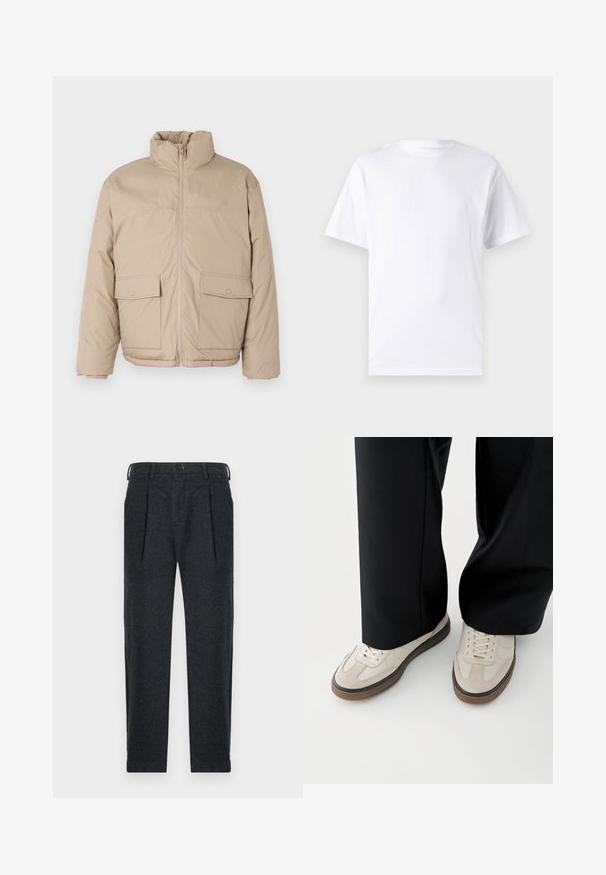 Beige polstret jakke med høj krave, frontlynlås og to store klaplommer. Glat tekstur og en let oversized design.; Hvid kortærmet t-shirt lavet af bomuld med rund hals, der har en glat tekstur og et simpelt design uden mønstre eller accenter.; Grå uld-blandede bukser med to frontindfoldninger, bæltestropper, sidelommer og knaplukning. Lige ben-design med en glat tekstur.; Fødder iført beige sneakers med brune såler og sorte bukser med vide ben på hvid baggrund.