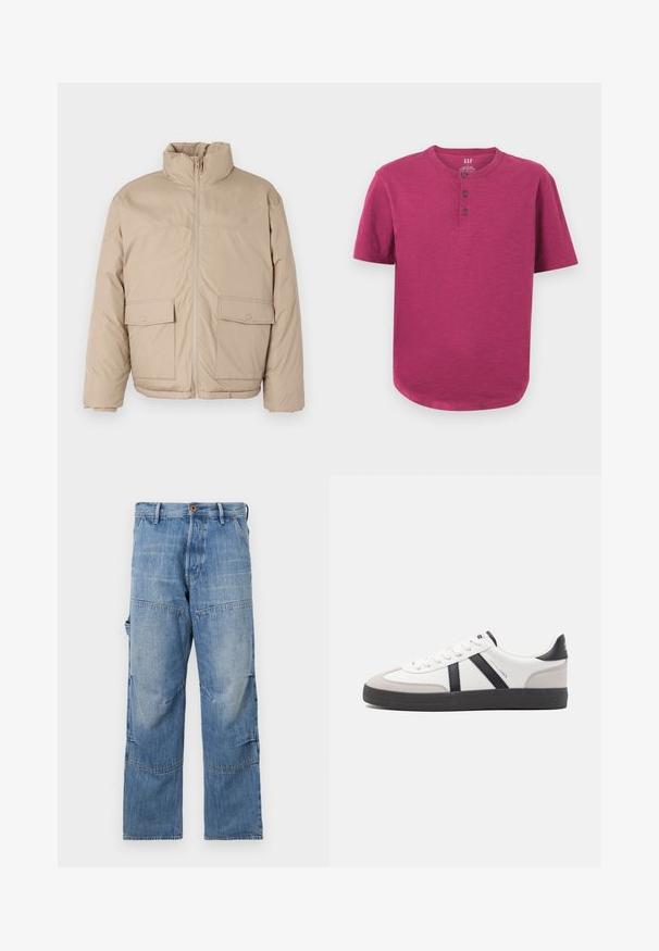 Chaqueta acolchada beige con cuello alto, cierre delantero y dos grandes bolsillos con solapa. Textura suave y diseño ligeramente oversize.; Camiseta henley de manga corta en un vibrante color magenta. Presenta un cuello redondo, tapeta de tres botones y un dobladillo ligeramente curvado. Textura suave.; Pantalones de mezclilla azul claro con piernas anchas, áreas desteñidas y costuras de patchwork. Presentan un cierre frontal con botón y cremallera, además de bolsillos laterales.; Zapatilla blanca con acentos en negro y gris, que presenta una puntera texturizada en gris, suela de goma negra y cordones planos blancos. Diseño limpio, estilo minimalista.