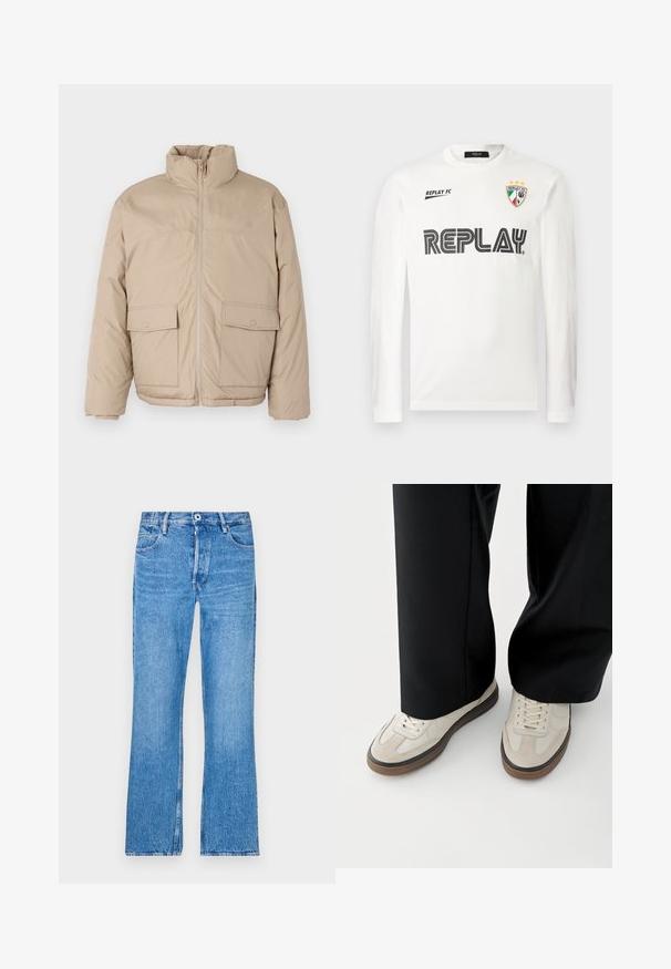 Beige gepolsterte Jacke mit hohem Kragen, Frontreißverschluss und zwei großen Klappen-Taschen. Glatte Textur und leicht oversized Design.; Weißes Langarmhemd mit schwarzem "REPLAY"-Schriftzug über der Brust, kleinem "REPLAY FC"-Schriftzug oben links und einem dreifarbigen Wappenemblem mit drei Sternen oben rechts.; Blaue, gerade geschnittene Jeans aus Denim mit einem verfärbten Waschlook. Mit Knopfverschluss, Gürtelschlaufen und dem klassischen Fünf-Taschen-Design.; Füße mit beigen Sneakers mit braunen Sohlen und schwarzen Hosen mit weitem Bein auf weißem Hintergrund.