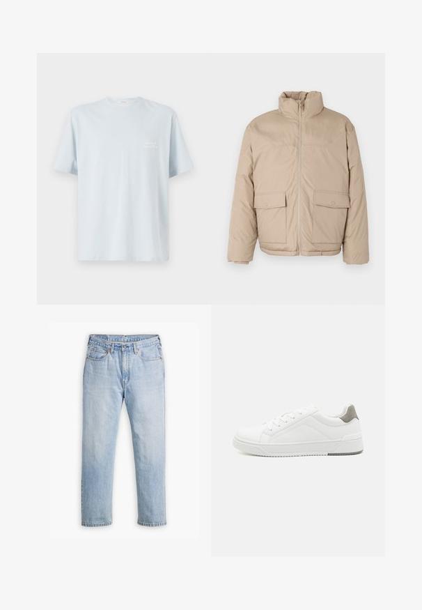 Beige επενδυμένο σακάκι με ψηλό γιακά, μπροστινό φερμουάρ και δύο μεγάλες θήκες με καπάκι. Λείο υλικό και ελαφρώς υπερμεγέθης σχεδίαση.; Ανοιχτού μπλε βαμβακερό t-shirt με στρογγυλή λαιμόκοψη και κοντά μανίκια. Διαθέτει ένα μικρό λευκό λογότυπο στην αριστερή περιοχή του στήθους. Απαλή υφή.; Ανοιχτού μπλε τζιν παντελόνι με κανονική γραμμή, πέντε τσέπες και αντίθετο σουέτ. Κλείσιμο με κουμπί και φερμουάρ στη μέση.; Λευκά αθλητικά παπούτσια από λεία δέρμα, με στρογγυλή μύτη, μινιμαλιστικό σχέδιο, γκρι λεπτομέρεια στη φτέρνα και υφασμάτινη αντιολισθητική σόλα.