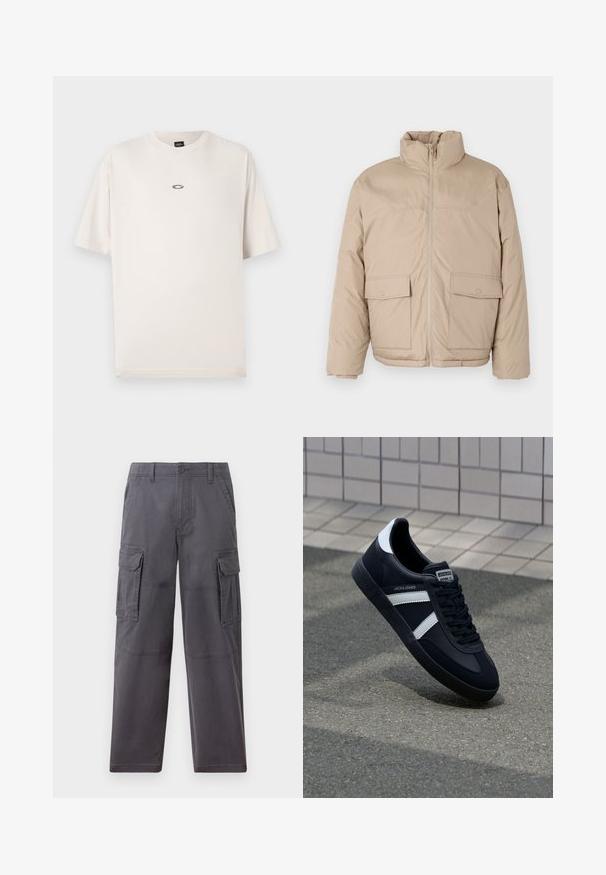 Beige gepolsterte Jacke mit hohem Kragen, Frontreißverschluss und zwei großen Klappen-Taschen. Glatte Textur und leicht oversized Design.; Oakley RISE TEE - T-Shirt basic - mist; Hollister Co. SKATER BAGGY - Cargohose - grey; Schwarze Leder-Sneaker mit weißen Streifen, strukturiertem Gummisohle und Schnürung. Verfügt über ein Markenetikett auf der Zunge.