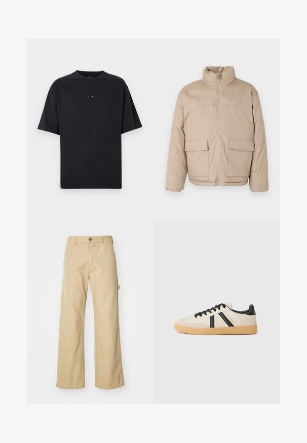 Beige gewatteerde jas met een hoge kraag, doorlopende rits en twee grote klepzakken. Soepele textuur en een licht oversized ontwerp.; Oakley RISE TEE - T-shirt basic - blackout; Beige wijde cargo broek met een knoopsluiting, voorzien van zijzakken, gemaakt van stevig katoen, met een soepele textuur en een recht gesneden ontwerp.; Casual sneakers in crème met zwarte strepen, voorzien van een gestructureerde bovenkant en een gumrubberen zool. Veters zijn zwart. Subtiel logo aan de zijkant.
