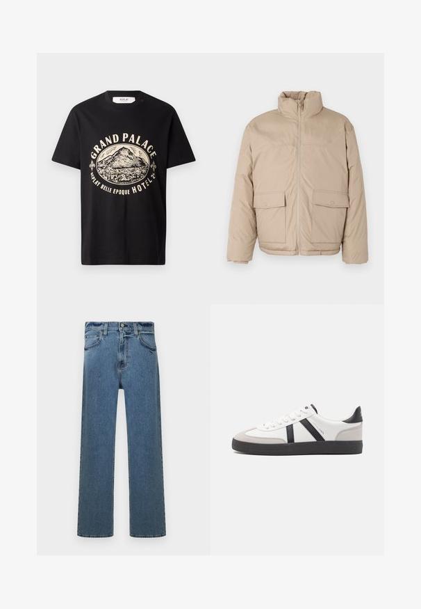 Beige polstret jakke med høj krave, frontlynlås og to store klaplommer. Glat tekstur og en let oversized design.; Sort bomulds T-shirt med en beige grafisk print af et bjerg og teksten "Grand Palace Replay Belle Epoque Hotel." Simpelt crew-neck design.; Blå straight-leg denim jeans med fem lommer, bæltestropper og knaplukning, vist på en hvid baggrund.; Hvide sneakers med sorte og grå detaljer, med en tekstureret grå tåhætte, sort gummisål og flade hvide snørebånd. Rent design, minimalistisk stil.