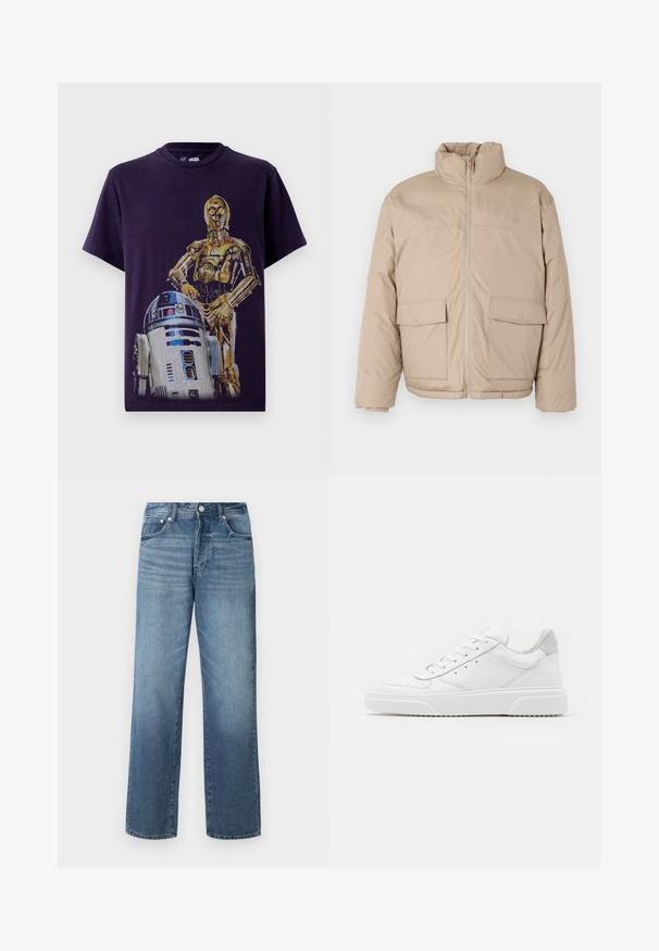 Veste matelassée beige avec un col haut, fermeture éclair à l'avant et deux grandes poches à rabat. Texture lisse et design légèrement surdimensionné.; T-shirt en coton noir avec un design graphique de C-3PO et R2-D2 de Star Wars. Col rond, manches courtes, coupe décontractée.; Jean en denim bleu avec une coupe droite, présentant un délavage, des passants de ceinture, cinq poches et une fermeture à bouton classique.; Des baskets en cuir blanc avec une finition lisse, un bout rond, des lacets plats et une semelle texturée. Accents en daim gris au niveau du talon.