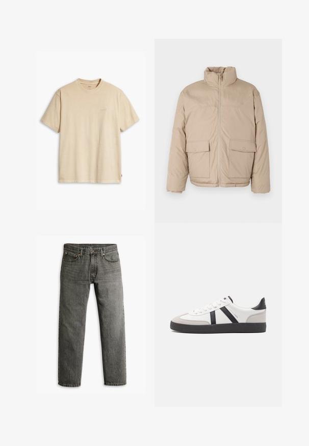 Beige gewatteerde jas met een hoge kraag, doorlopende rits en twee grote klepzakken. Soepele textuur en een licht oversized ontwerp.; Beige katoenen T-shirt met een ronde hals en korte mouwen. Bevat een subtiel 'Levi's' logo in dezelfde kleur op de borst. Zachte textuur.; Grijze denim jeans met een recht model, klassieke vijf-pocket styling en subtiele stiksels op de naden en zakken.; Witte sneaker met zwarte en grijze accenten, voorzien van een grijze neus met textuur, zwarte rubberen zool en platte witte veters. Schoon ontwerp, minimalistische stijl.
