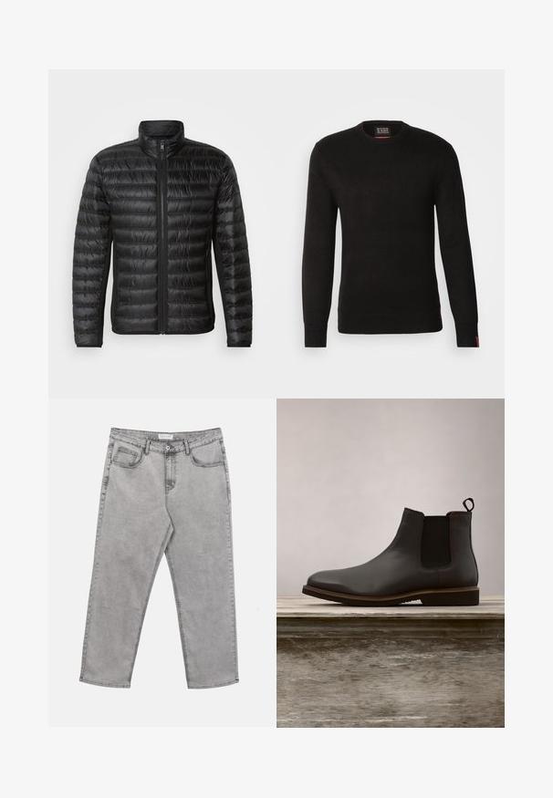 Zwarte pufferjack met een ritssluiting aan de voorkant, hoge kraag en horizontaal quiltpatroon. Beschikt over zijzakken en een gladde, glanzende textuur.; Scotch & Soda REGULAR FIT CREW NECK - Trui - meteorite; Lichtgrijze spijkerbroek van denim met knopen aan de voorkant en rits, riemlussen en vijf zakken, plat gelegd op een witte achtergrond.; Zwarte leren Chelsea boot met elastische zijkanten en een ronde neus, met een gestructureerde zool en subtiele stiksel details, verhoogd boven een houten oppervlak.