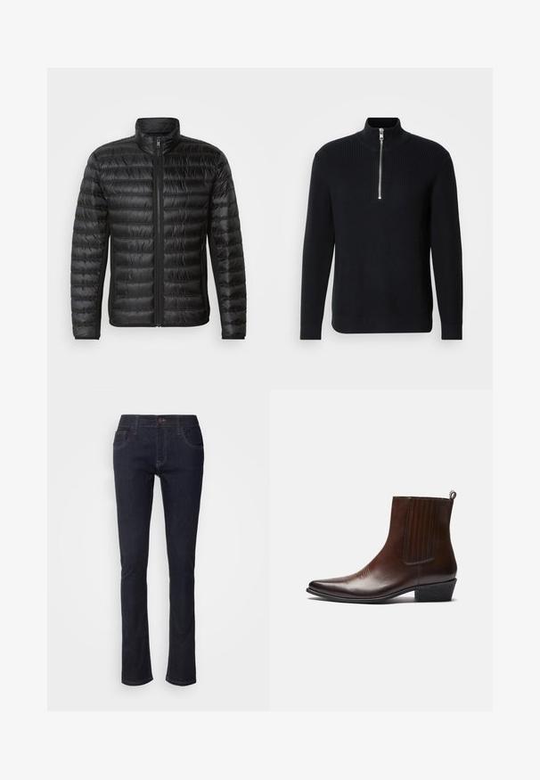 Veste en duvet noire avec une fermeture éclair à l'avant, un col haut et un motif matelassé horizontal. Dispose de poches latérales et d'une texture lisse et brillante.; Pull noir en tricot côtelé avec un col haut et une courte fermeture éclair. Il dispose de manches longues et d'un ourlet droit avec des poignets côtelés.; Jeans en denim bleu foncé avec une jambe droite, dotés de poches avant, d'une fermeture à bouton et de détails de surpiqûres subtils. Design classique.; Bottine en cuir marron avec un bout pointu, des panneaux latéraux élastiques, des détails texturés sur le devant et un petit talon empilé.