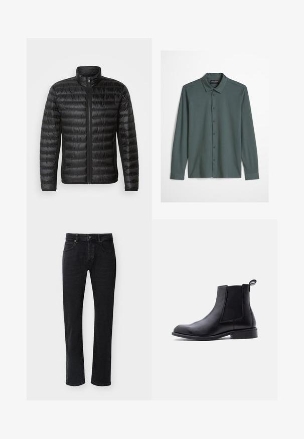 Veste en duvet noire avec une fermeture éclair à l'avant, un col haut et un motif matelassé horizontal. Dispose de poches latérales et d'une texture lisse et brillante.; Chemise pour homme à manches longues avec boutons, de couleur bleu-gris atténué, dotée d'un col classique et d'un logo brodé discret sur la poitrine.; Jean noir à coupe droite avec poches avant, passants pour ceinture, fermeture par bouton et coutures visibles sur un fond blanc uni.; Botte Chelsea en cuir noir avec panneau latéral élastique, languette de traction au talon, petit talon bloc et bout arrondi lisse sur fond blanc.
