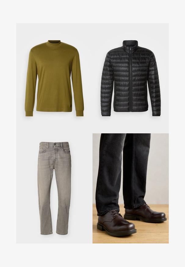 Zwarte pufferjack met een ritssluiting aan de voorkant, hoge kraag en horizontaal quiltpatroon. Beschikt over zijzakken en een gladde, glanzende textuur.; Olijfgroene longsleeve turtleneck shirt van zacht materiaal, met een getailleerd ontwerp en ribbelboorden bij de nek en manchetten.; Grijze jeans met rechte pijpen, vijf zakken, knoopsluiting en zichtbare stiksels, plat weergegeven op een witte achtergrond.; Bruine leren schoenen met een ronde neus, vetersluiting en robuuste zwarte rubberen zool, gecombineerd met donkere spijkerbroek.