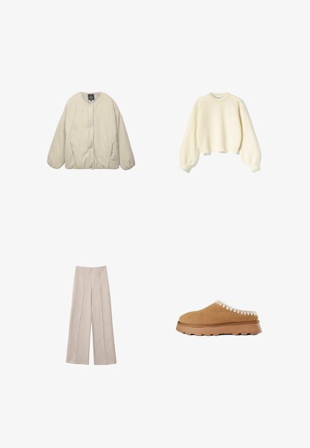 Lyse beige dunjakke med rund halsudskæring, karmknapper ned ad midten, lange puffede ærmer og sidelommer, vist fladt på hvid baggrund.; Cremefarvet cropped sweater lavet af blødt, struktureret stof med lange, puffede ærmer og rund hætte. Etiketten viser "Noella."; Beige vide bukser lavet af et blødt stof, med markante for-pletter og en skræddersyet høj talje design, uden synlige lommer.; Brune ruskind slip-on sko med en tekstureret overdel, der har dekorativ beige syning langs kanten og en tykk gummisål.