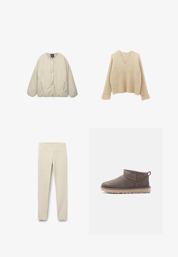 Veste matelassée beige clair avec encolure ronde, boutons-pression sur toute la longueur, manches longues bouffantes et poches latérales le long des coutures, présentée à plat sur fond blanc.; Pull en maille côtelée beige avec col en V, épaules tombantes et manches retroussées. Texture douce avec une coupe décontractée et une longueur mi-haute.; Leggings beiges avec une taille haute et large, fabriqués à partir d'un tissu doux et extensible. Design à jambe droite sans coutures ni motifs visibles.; Chaussure basse en daim marron, modèle slip-on, avec semelle texturée et languette d'aide au chaussage, sur un fond uni.