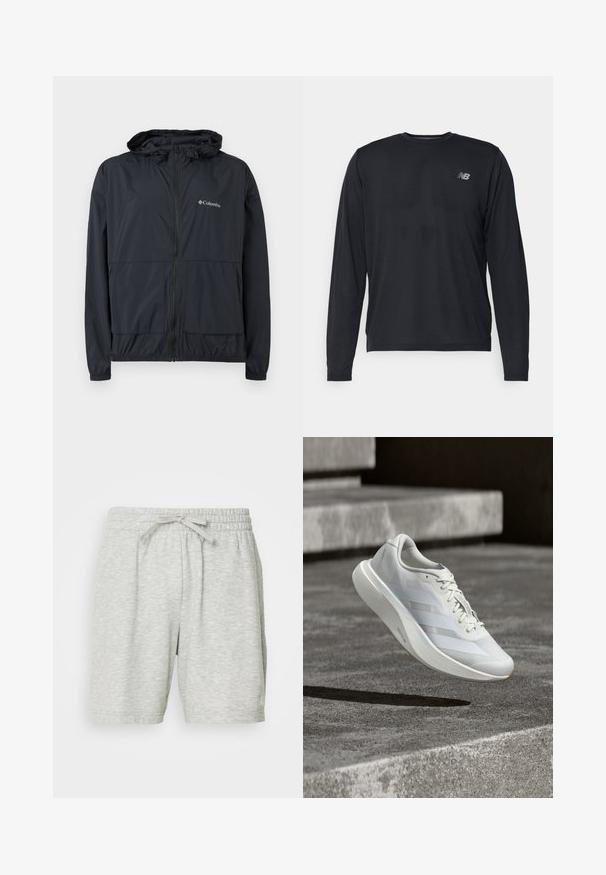 Zwarte Columbia jas met rits en capuchon, elastische manchetten en voorzakken, afgebeeld tegen een witte achtergrond.; Zwart sportshirt met lange mouwen, gemaakt van een gestructureerde stof met subtiele perforaties. Heeft een klein reflecterend logo op de linker borst.; Lichtgrijze sportshorts gemaakt van zachte stof, met een elastische tailleband en een trekkoord voor een verstelbare pasvorm en twee zijzakken.; Witte sportschoen met bovenwerk van mesh, drie zijstrepen, flexibele zool en minimalistisch ontwerp, zwevend boven een grijze betonnen ondergrond.