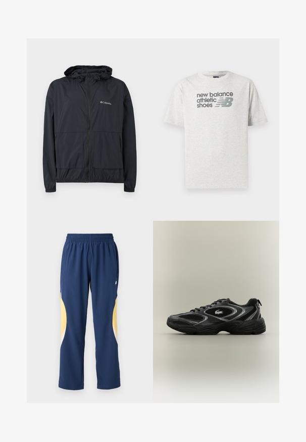Chaqueta negra Columbia con cremallera y capucha, con puños elásticos y bolsillos delanteros, exhibida sobre un fondo blanco.; Camiseta de manga corta de color gris claro con el texto "new balance athletic shoes" y un logotipo estilizado "NB" en gris oscuro en el pecho.; Pantalones deportivos azul marino con una cinturilla elástica. Presentan acentos curvados en amarillo y blanco a los lados. Tejido suave y liso.; Zapatilla deportiva negra y gris con paneles de malla, diseño de cordones, suela gruesa y un pequeño logo de cocodrilo en el costado.
