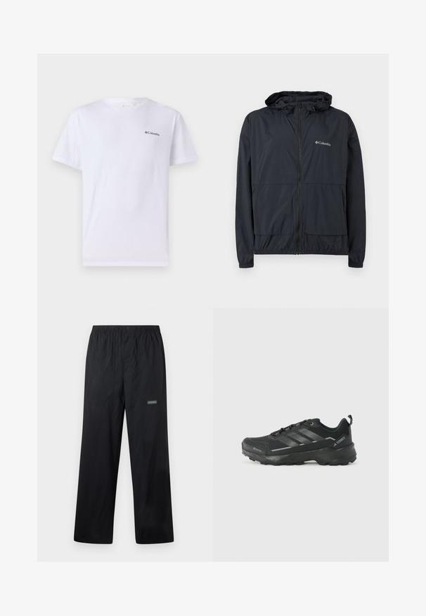 Schwarze Columbia Jacke mit Reißverschluss, Kapuze, elastischen Bündchen und Fronttaschen, vor weißem Hintergrund dargestellt.; Weißes Baumwoll-T-Shirt mit kurzen Ärmeln, versehen mit einem kleinen schwarzen Columbia-Logo auf der linken Brustseite. Klassischer Rundhalsausschnitt.; Schwarze, leichte Outdoor-Hose mit elastischem Bund, vorderem Knopf, zwei Fronttaschen und kleinem Columbia-Logo am rechten Oberschenkel.; Schwarzer Sportschuh mit einem strukturierten Obermaterial aus Stoff, drei silbernen Streifen, verstärkter Zehenpartie und einer robusten Gummisohle für besten Halt.