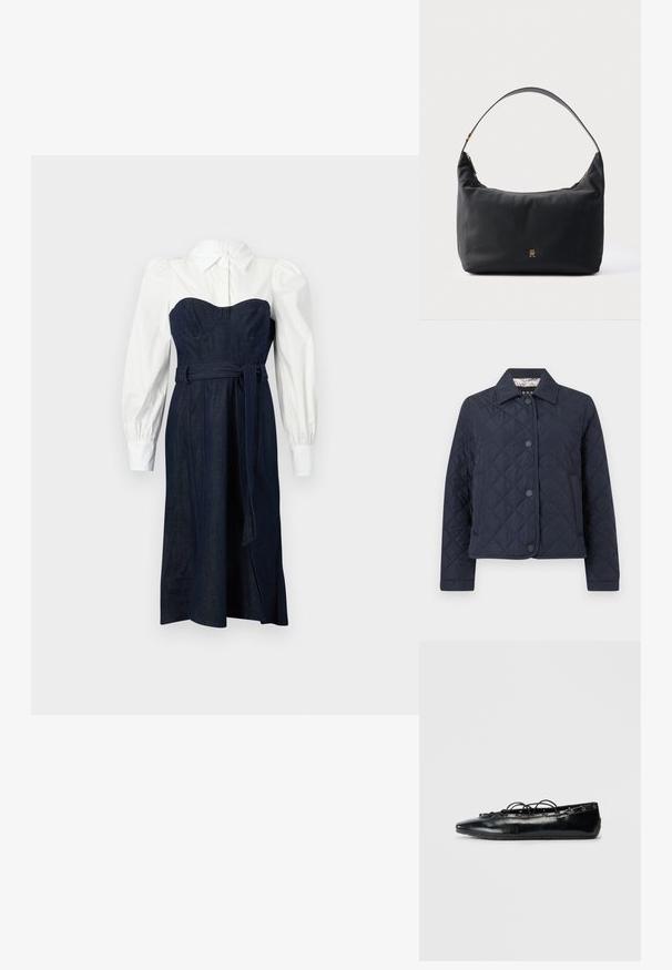 Veste matelassée bleu marine à manches longues, col et boutons-pression à l'avant, présentée sur un fond blanc.; Robe en denim avec un corsage structuré bleu foncé et des manches blanches style chemise. Présente une taille cintrée et une ceinture assortie.; Bottine plate noire à bout pointu avec un laçage à l'avant et des œillets le long des bords, présentée sur un fond blanc.; Sac bandoulière noir en matériau lisse, avec une sangle incurvée et des accessoires dorés, doté d'une fermeture éclair et d'un logo embossé.