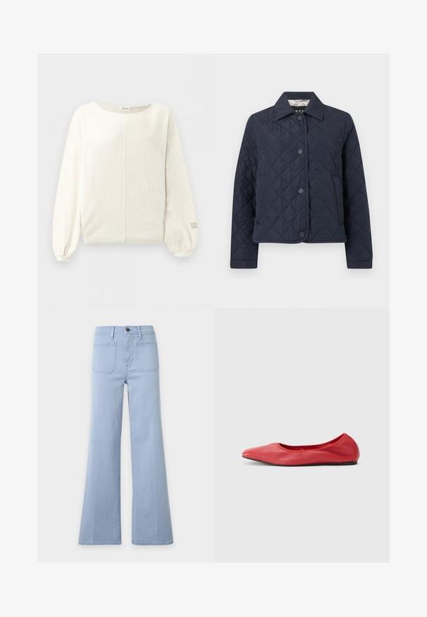 Veste matelassée bleu marine à manches longues, col et boutons-pression à l'avant, présentée sur un fond blanc.; Pull-over à manches longues couleur crème avec un col rond, une couture centrale, des poignets bouffants et un texte de logo subtil sur le poignet de la manche droite.; Jean large taille haute bleu clair avec poches plaquées à l'avant, passants de ceinture et fermeture par bouton sur un fond uni.; Filippa K REY FLATS - Ballerines - bright red