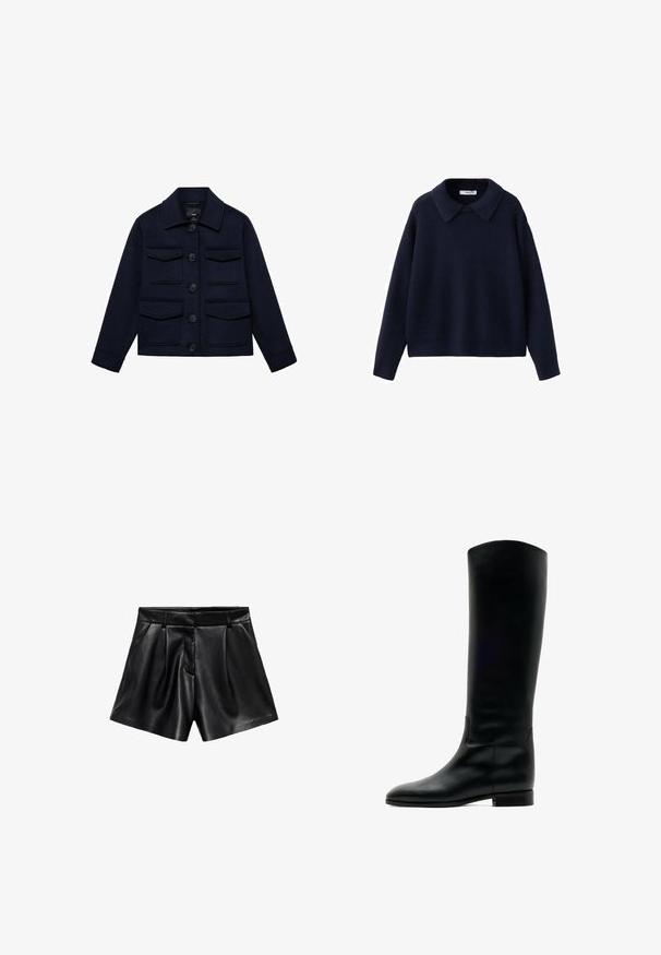 Marineblå uldjakke med krave, fire klaplommer, lange ærmer og fem sorte forknapper.; Marineblå strikket langærmet sweater med en bred, spids krave og en afslappet pasform på en hvid baggrund.; Højtaljede shorts i sort kunstlæder med sidelommer, frontfolder, bæltestropper og en skjult lynlåslukning foran.; Høj sort læderstøvle med lav hæl og rund tå, vist fra siden på en hvid baggrund.