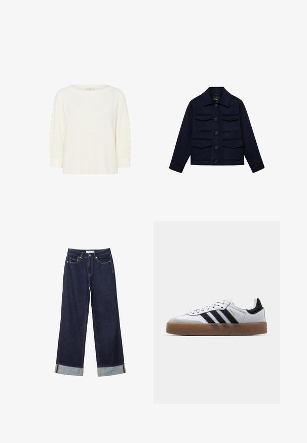 Marineblå uldjakke med krave, fire klaplommer, lange ærmer og fem sorte forknapper.; Kaffe KABETTY - Striktrøje - chalk cc; Mørkeblå vidde jeans med omslag ved buksebenet, forreste knap, lynlås og design med fem lommer.; Hvide lædersneakers med sorte striber, gummirubber sål, rund tå, snørelukning og blød grå ruskinds tåhætte.