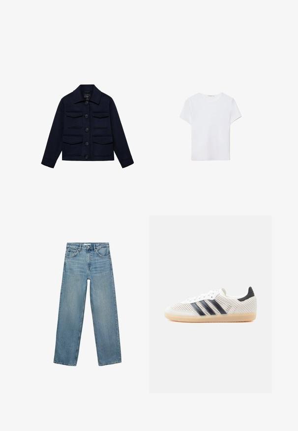Marineblå uldjakke med krave, fire klaplommer, lange ærmer og fem sorte forknapper.; Hvid kortærmet t-shirt lavet af blødt stof. Har en rund halsudskæring og et simpelt, rent design med en lige underkant.; Lyseblå denim jeans med lige ben, høj talje, fem lommer og kontraststing. Ingen dekorationer eller mønstre er til stede.; Hvide mesh-sneakers med sort tre-stribet design, rundet tå og gummisål. Har blød hælkant og snørelukning.