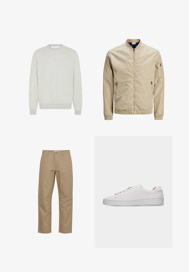 Veste bomber beige clair en tissu lisse. Comprend une fermeture éclair à l'avant, deux poches latérales et une poche zippée sur la manche.; Sweatshirt gris clair en tissu doux, avec un col rond, des manches longues, des poignets côtelés et un design uni sans motifs ni accents.; Pantalons en coton beige avec une coupe droite, présentant une fermeture éclair et un bouton à l'avant, des poches latérales et une finition soignée.; Baskets basses en cuir blanc avec lacets blancs, semelle en caoutchouc plate texturée et coutures minimalistes, vues de côté extérieur sur fond blanc.