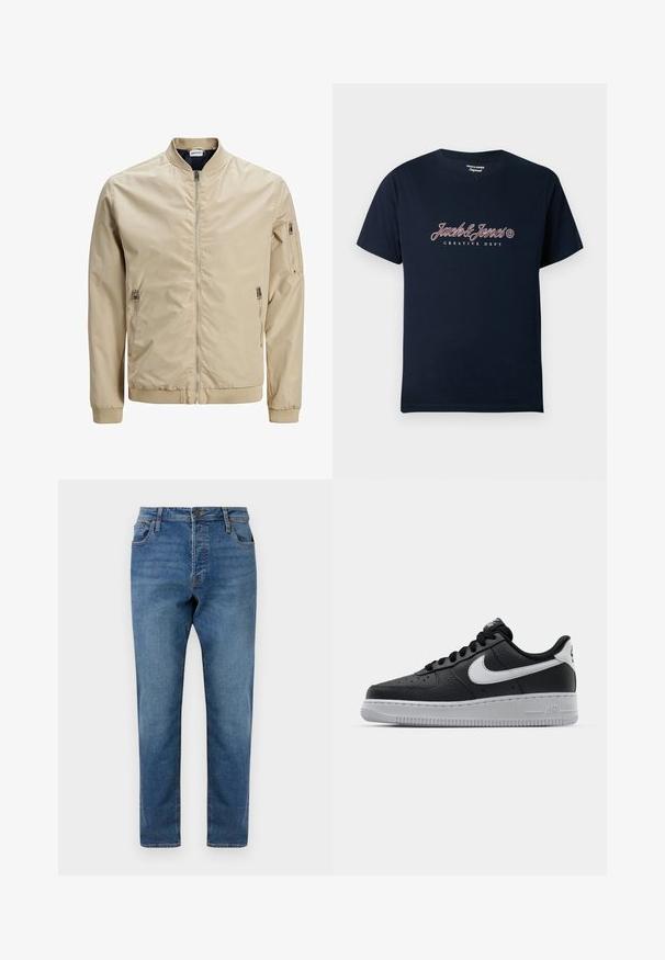 Hellbeige Bomberjacke aus glattem Stoff. Verfügt über einen Frontreißverschluss, zwei seitliche Taschen und eine mit Reißverschluss verschlossene Armtasche.; Marineblaues Baumwoll-T-Shirt mit kurzen Ärmeln, versehen mit einem grafischen Logo mit der Aufschrift "Jack & Jones" und "CREATIVE DEPT" in kontrastierenden Farben.; Blaue Denim-Jeans mit geradem Schnitt, ausgestattet mit einem Knopfverschluss, fünf Taschen und einem dezenten Verblassen des Stoffes. Keine sichtbare Markenkennzeichnung.; Schwarze Ledersneaker mit strukturierten Oberflächen, weißem Nike-Swoosh, grauer Sohle, runder Zehenpartie und Schnürdesign. Verfügt über Perforationen an der Zehenbox.