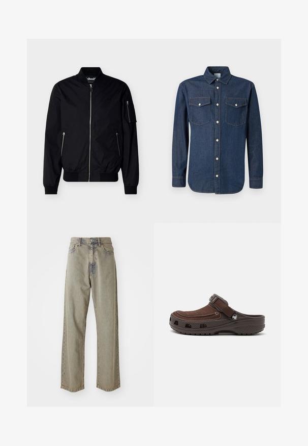 Veste bomber noire avec fermeture éclair avant, poches latérales zippées, poche zippée sur la manche, poignets et col côtelés, présentée sur un fond uni.; Chemise en denim bleu foncé avec un col classique, des manches longues et deux poches poitrine. Présente des boutons blancs et des coutures contrastées.; Jeans larges gris clair en denim, présentant une texture décolorée, des coutures visibles et une fermeture à boutons et à zip traditionnelle.; Sabot en cuir marron avec un dessus à texture douce, sangle ajustable et design perforé pour la ventilation. Semelle épaisse en caoutchouc pour l'adhérence.