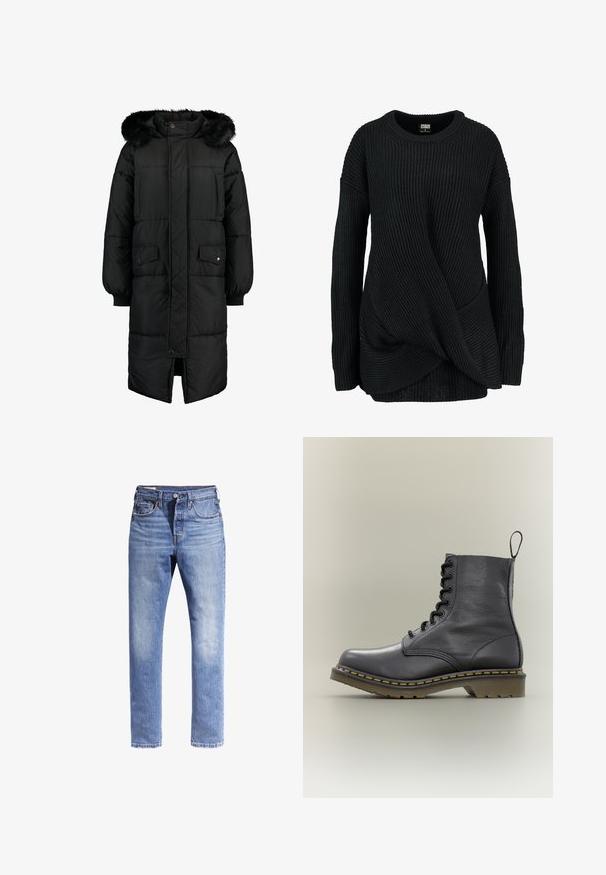Manteau noir matelassé avec une capuche en fausse fourrure. Il présente une longueur longue, une fermeture éclair à l'avant et deux poches avant. Design texturé et matelassé.; Pull en maille noire avec une texture côtelée, un design enveloppant asymétrique et un col rond large avec des manches longues.; Jeans en denim bleu clair avec une coupe droite, cinq poches et des coutures contrastées. Le tissu semble légèrement usé.; Botte de combat en cuir noir avec 8 œillets, semelle en caoutchouc, couture jaune et une languette à l'arrière. Présente une tige texturée.