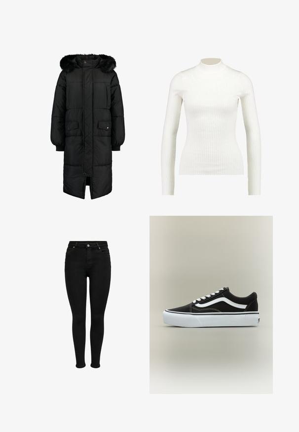 Sort polstret frakke med en faux fur hætte. Har en lang længde, lynlås foran og to forlommer. Tekstureret, quiltet design.; Ribbet hvid langærmet turtleneck-bluse med en tætsiddende pasform og glat tekstur, der har en høj hals og slank silhuet.; Sorte højtaljede skinny jeans med forreste knap, bæltestropper og fem-lomme design, vist mod en hvid baggrund.; Lavtop sort sneaker med hvid side stribe, hvide snørebånd, hvid gummisål og tekstureret tåhætte på neutral baggrund.