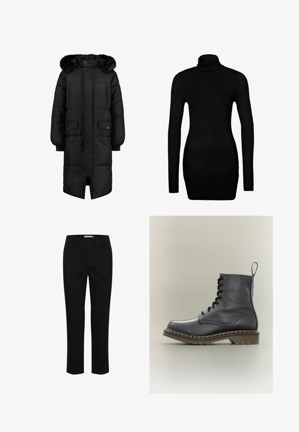 Schwarze gepolsterte Jacke mit Kapuze aus Kunstfell. Hat eine lange Länge, einen Reißverschluss auf der Vorderseite und zwei Fronttaschen. Strukturiertes, gestepptes Design.; Schwarzes langärmliges Turtleneck-Top in einer taillierten Passform. Weicher, dehnbarer Stoff mit hohem, gerolltem Kragen und eng anliegenden Ärmeln.; Schwarze Baumwollhose mit geradem Schnitt. Verfügt über fünf Taschen und einen vorderen Knopfverschluss. Glatte Textur, minimale Nähdetails.; Schwarzer Leder-Kampfboot mit 8 Ösen, Gummisohle, gelben Nähten und einer Zuglasche hinten. Verfügt über einen strukturierten Schaft.