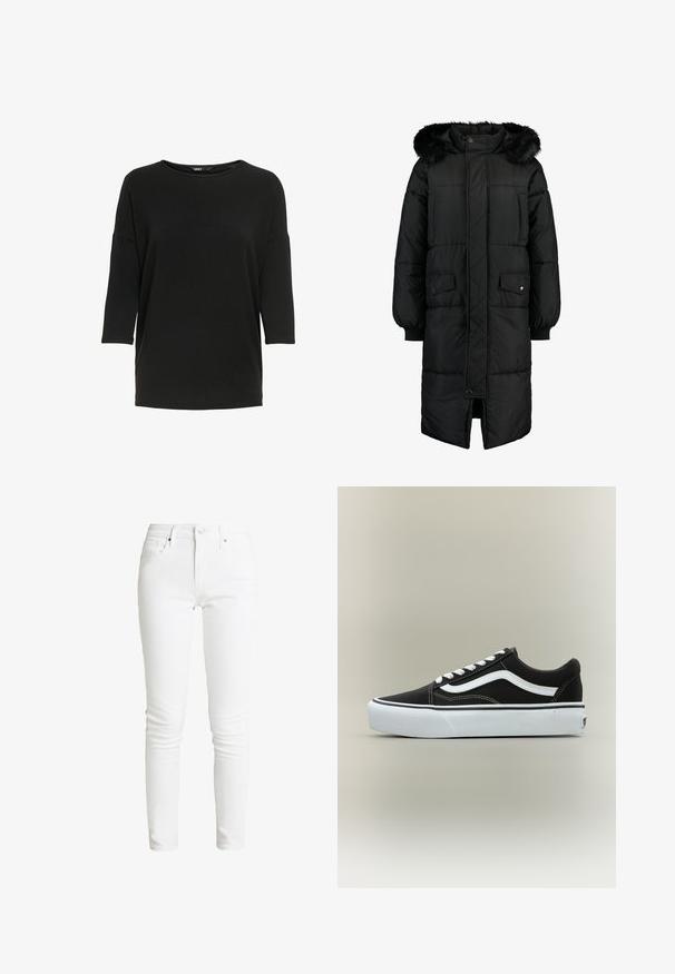 Abrigo acolchado negro con capucha de pelo sintético. Presenta un largo considerable, cierre de cremallera en el frontal y dos bolsillos delanteros. Diseño texturizado y acolchado.; Camiseta negra de manga larga hecha de un tejido suave y texturizado. Cuenta con un cuello redondo y un corte holgado con mangas de tres cuartos.; Jeans skinny de mezclilla blanca con diseño de cinco bolsillos, cierre de botón y pasadores para cinturón. Textura suave con un detalle de costura mínimo.; Zapatilla deportiva negra de corte bajo con raya lateral blanca, cordones blancos, suela de goma blanca y puntera texturizada sobre fondo neutro.