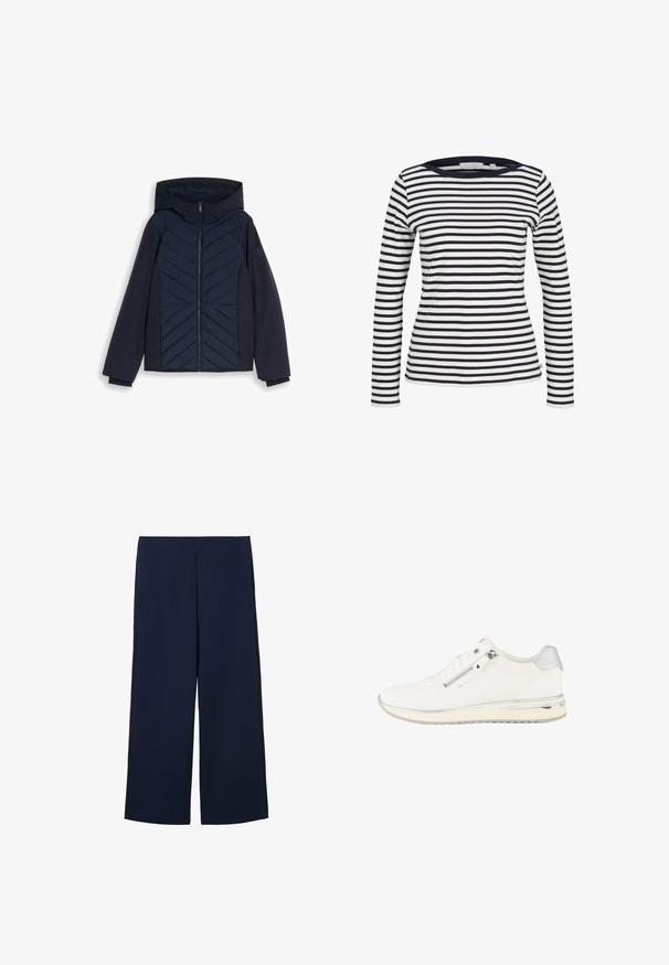 Marineblå hættetrøje med chevron-quiltet front, fuld lynlås, lange ærmer, to sidelommer med lynlås og et mærke på venstre ærme.; TOM TAILOR DENIM Langærmet T-shirt - navy/white; Marineblå brede bukser lavet af letvægtigt stof, med et rent design og lige snit, forsynet med sidelommer og uden synlige lukninger.; Hvid low-top sneaker med lynlås i siden, snørebånd foran, tekstureret stof og sølvdetaljer på hælen og sålen.