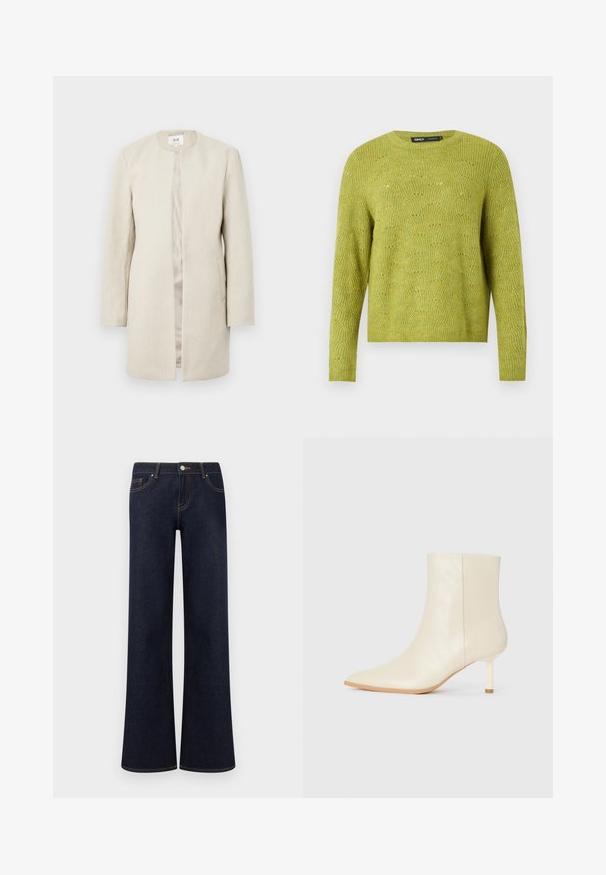 Beige frakke med en lige silhuet uden krave, med lange ærmer og sidelommer; tekstureret stof med en subtil glans.; Langærmet grønstrikket sweater med subtilt teksturmønster og rund halsudskæring på en ensfarvet lys baggrund.; Mørkeblå vidde denimjeans med forlommer, knap- og lynlåslukning samt synlige kontrastsyninger.; Cremefarvet ankelstøvle med spids tå og slank mellemhøj hæl, glat tekstur, vist fra ydersiden på hvid baggrund.