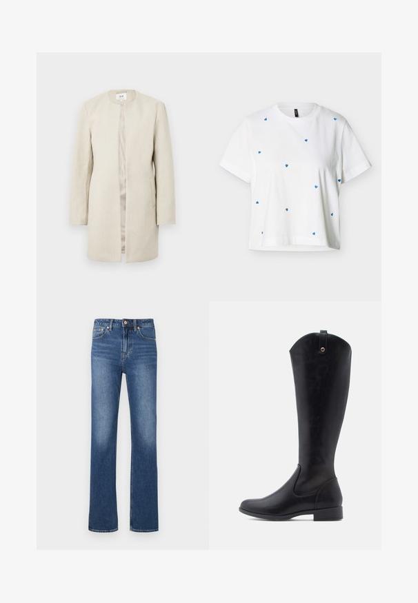 Beige frakke med en lige silhuet uden krave, med lange ærmer og sidelommer; tekstureret stof med en subtil glans.; Hvid T-shirt med korte ærmer og rund halsudskæring, med små blå hjerteprint spredt over forsiden og ærmerne.; Blå denimbukser med lige ben, forlommer, bæltestropper og knappelukning på hvid baggrund.; Knæhøje sorte læderstøvler med en glat tekstur, rund tå, lav blokhæl og en buet topkant med en løkke-detalje bagpå.