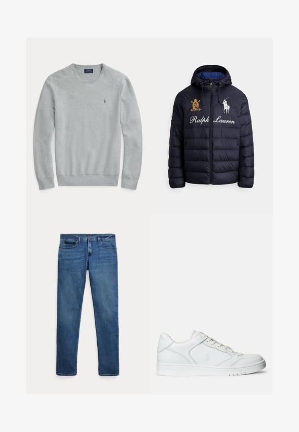 Mørkeblå quiltet dunjakke med hætte, lynlås foran, broderet polo-spillerlogo, "Ralph Lauren" tekst og våbenskjold-patch på brystet.; Lys grå langærmet strikket sweater med rund hals, ribbede manchetter og kant, samt lille broderet Polo Ralph Lauren-logo på brystet.; Blå denimjeans med slim fit, der har forlommer, bæltestropper og lukning med knap på hvid baggrund.; Hvide lædersneakers med en glat tekstur, der har en perforeret tå, snørebåndslukning og broderet logo på siden. Hvid gummisål.